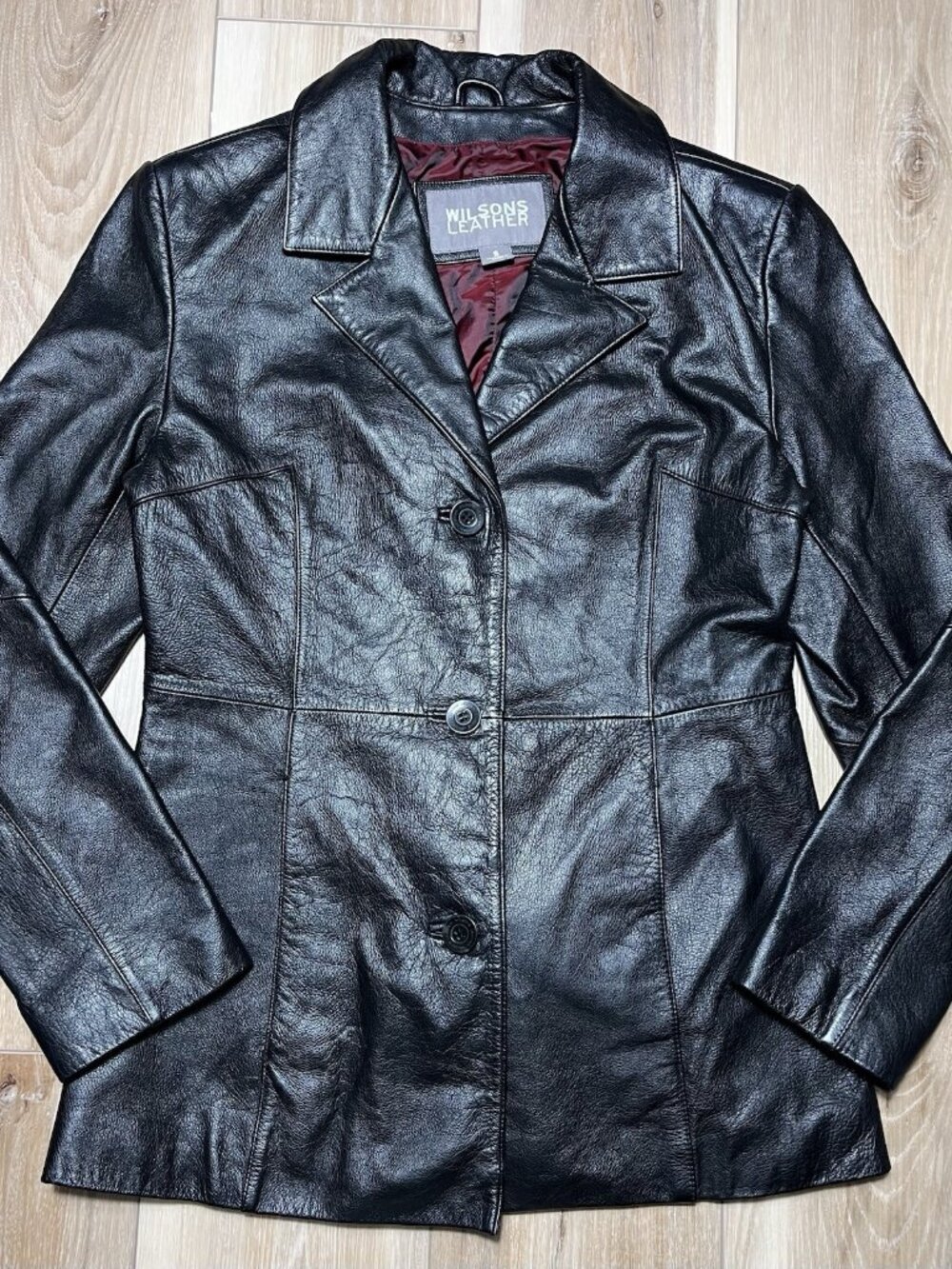 Wilsons Leather Button Up Black Collared Leather Jacket - Women Size Small